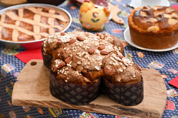 Easter breakfast  in Italy whit Colomba or dove casatiello and pastiera chocolate egg and salami corallina