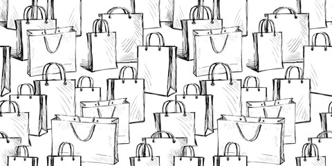 Seamless pattern of shopping bags, purchases packing, vector hand drawn illustration, background, paper, wrapper, wallpaper