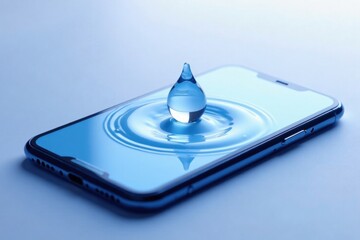 A single droplet of water impacting a smooth, blue touchscreen surface, creating concentric ripples and a calming visual effect