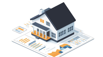 The image is a digital illustration depicting an isometric view of a two-story house situated atop financial documents. The house is rendered in a simplistic style, with a white exterior,