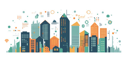 A stylized illustration depicting a cityscape with various buildings of different heights and colors. The buildings are rendered in a flat design style with minimal detail.  The color