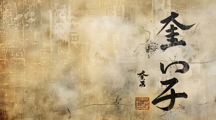 Elegant Asian Parchment with Handpainted Kanji Calligraphy and Silk like Textures