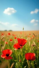 Fototapeta premium Red poppy flowers in a vast open field under blue sky, wheat, nature