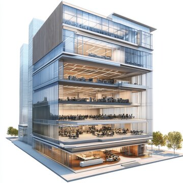 high-rise corporate office building cutaway rendering
