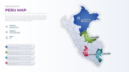 Total Area, Papulation, States & More Detailed Infographic Map of Peru. Peru country map infographic colored vector template with regions and pointer marks.