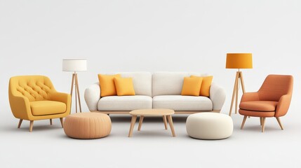 Fototapeta premium Modern living room setup featuring colorful furniture and decor.