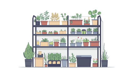 A digital illustration depicting a metal shelving unit filled with various potted plants. The plants are diverse in size, shape, and type, including succulents and herbs, rendered in a