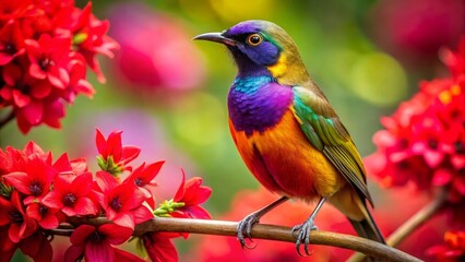 Obraz premium Vibrant Rainbow Bird Perched on a Branch Amidst a Cluster of Crimson Blossoms in a Lush Garden Setting