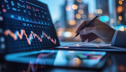 Analyzing Stock Market Indicators For Optimal Investment Strategy: Financial Data, Charts, And Business Buildings In Focus.