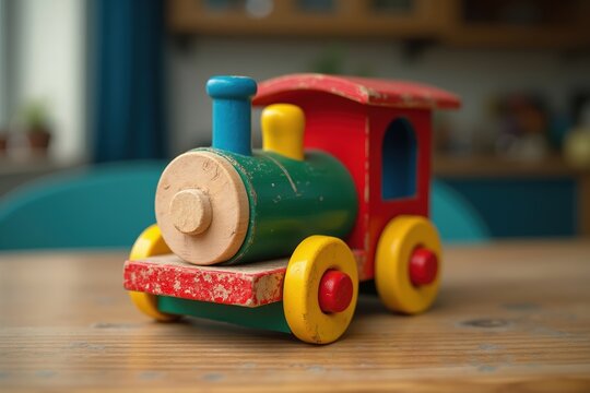 A Close up of a Toy Train Sitting on Top of a Table - Generative AI