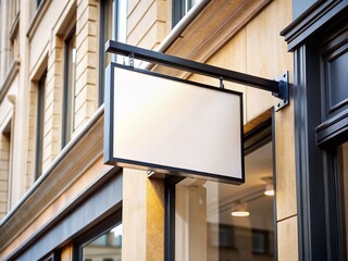 Blank Storefront Sign:  Empty Rectangular Sign with Black Frame on Building Exterior - Perfect for Mockups