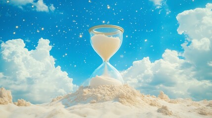 Beautiful hourglass on sand under starry sky and fluffy clouds in daylight