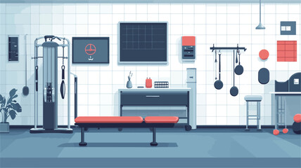 The image depicts a digitally rendered interior of a modern fitness studio. The space features white tiled walls, a gray floor, and various fitness equipment, including a weight machine, a