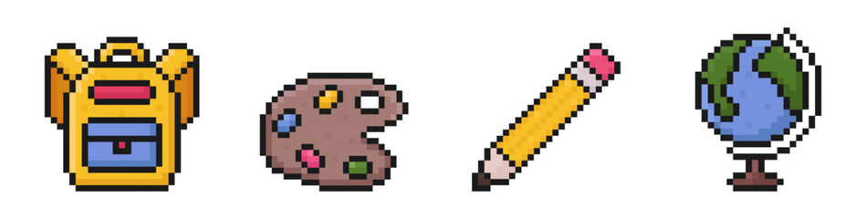school supplies pixel art icons, back to school, 80s, 90s, old arcade game item style, backpack, school bag, palette, pencil, pen, globe, vector illustration