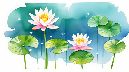 Water Lilies Watercolor Painting with Lily Pads and Blue Background