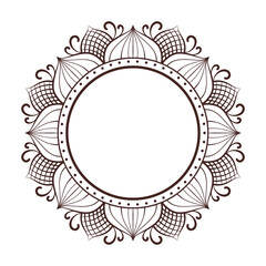 Intricate line art circular frame with floral patterns, grid detailing, and swirls, isolated on a white background.