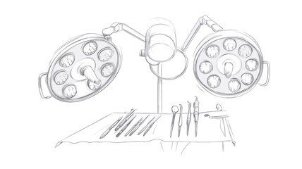 A grayscale line drawing depicting a pair of surgical lights mounted on a stand above a surgical tray containing various medical instruments.  The style is a simple, hand-drawn sketch with