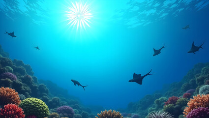 Fototapeta premium Coral reefs and manta rays border frame with marine conservation copy space for World Oceans Day concept as Elegant coral reefs and graceful manta rays framing marine conservation space for World Ocea