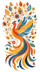 Embracing diversity innovation. A vibrant, stylized phoenix surrounded by colorful leaves and swirling patterns, symbolizing beauty and transformation.