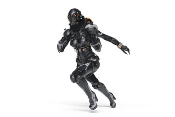 3d render of sci-fi female cyborg wears shiny black metal armor suit, helmet with red glowing lens goggles, high heels, jetpack in dynamic running pose. Concept art futuristic soldier white background