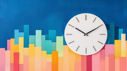 Colorful Clock on Artistic Background of Pastel Bars and Vibrant Shapes