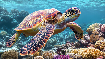 Fototapeta premium Hawksbill sea turtle swimming near coral reefs, endangered tropical species,sea turtle swimming in the sea