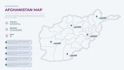 Total Area, Papulation, States & More Detailed Infographic Map of Afghanistan. Afghanistan country map infographic colored vector template with regions and pointer marks.