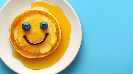 A cheerful pancake with blueberry eyes and syrup smile brightens up a vibrant blue table