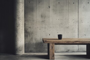 Rustic wooden table against concrete wall.
