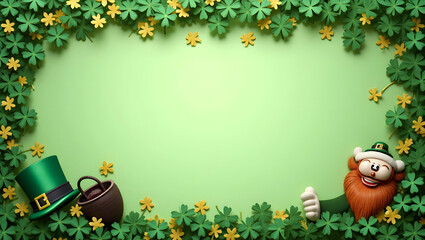 Fototapeta premium Leprechaun and Shamrocks border frame with festive copy space for St. Patrick Day concept as Playful leprechaun and vibrant shamrocks framing festive space for St. Patrick Day messages in Photo Stock
