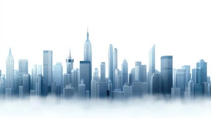 Urban skyline silhouette with blue tones and fog effect.