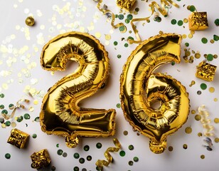 Gold balloon number 26 for twenty-sixth birthday or anniversary party. White background with confetti