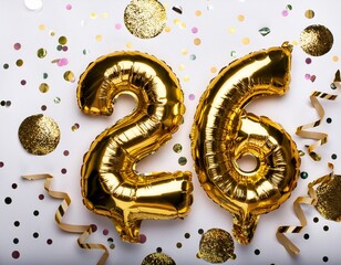 Gold balloon number 26 for twenty-sixth birthday or anniversary party. White background with confetti