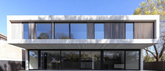 Fototapeta premium Modern architectural design of a minimalist house with large windows and smooth lines