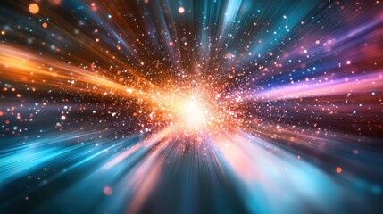 Naklejka premium Vibrant cosmic explosion, colorful light beams radiating in space, evokes wonder and exploration, perfect for sci-fi themes.