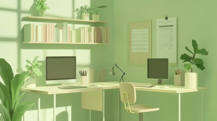 Fototapeta premium Pastel Green Home Office Workspace, Sunlight, Plants