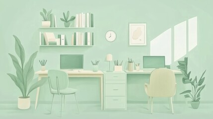 Fototapeta premium Pastel green home office workspace, plants, computers