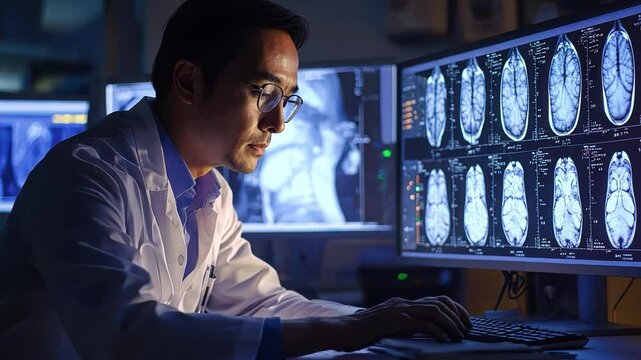A focused doctor, deeply engrossed in analyzing brain scans on computer monitors, embodies dedication and expertise in the realm of medical science.