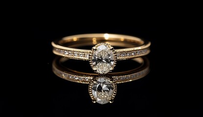 Gold ring with oval diamond, black background