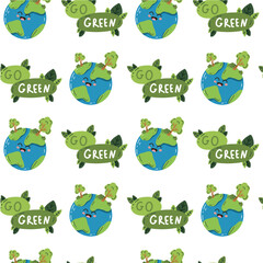 Vector seamless pattern of the Earth. A backdrop replicating Earth day, with the sweet smiling planet kawaii. Eco-friendly digital paper with a globe and a forest. Ecological design for wallpaper, tex