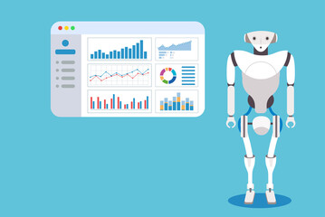 Robot analyzing statistical business data using computer software