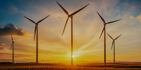 Fototapeta premium A picturesque sunset illuminates a field of wind turbines, symbolizing renewable energy and a sustainable future.