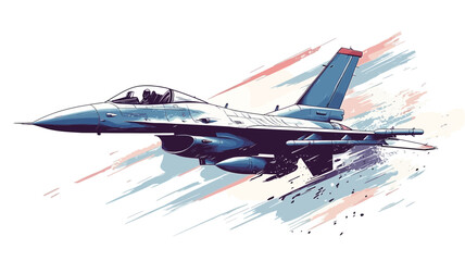 Fototapeta premium A stylized illustration of a fighter jet in flight against a background of abstract, pastel-colored streaks suggesting motion blur. The jet is predominantly blue, with details rendered to