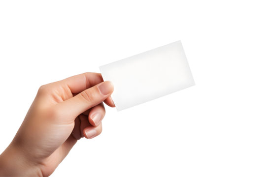 Hand holding a small sheet of paper (ticket, flyer, invitation, coupon, photocard, etc.), cut out, on white or transparent background