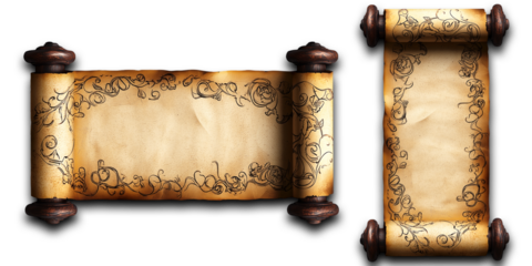Ornate vintage parchment scrolls with floral decorative borders on a transparent background