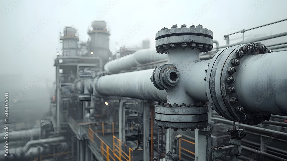 Poster close up view of the intricate network of smooth metal pipelines tanks and other industrial at a gas