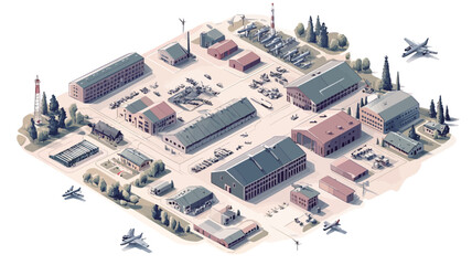 The image is a digital illustration depicting a military base in an isometric perspective. The illustration uses a low-poly style with simplified geometric shapes and muted colors.  Various