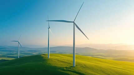 Wind turbine on green hill, sustainable energy source shining under bright sky, emphasizing eco-friendly themes and nature.