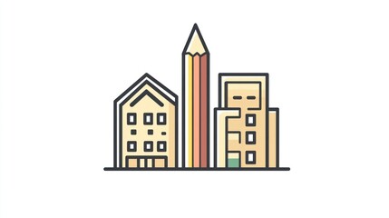 Fototapeta premium Simple city skyline illustration with buildings and a pencil