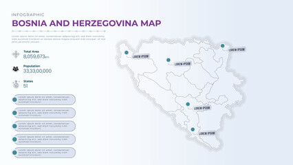 Total Area, Papulation, States & More Detailed Infographic Map of Bosnia and Herzegovina. Bosnia and Herzegovina country map infographic colored vector template with regions and pointer marks.